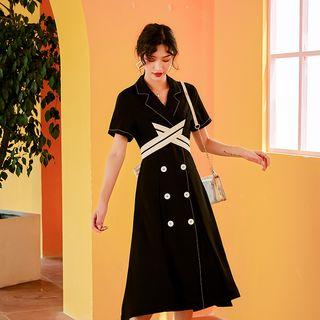 Contrast Trim Bow Back Short-sleeve Midi A-line Dress