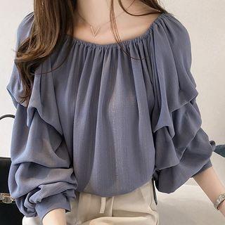 Long-sleeve Off-shoulder Plain Loose Fit Ruched Top