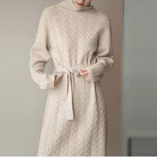 Turtleneck Plain Cable Knit Slim Fit Knit Dress With Sash