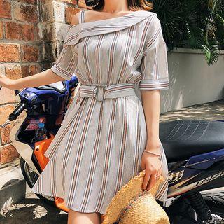 Striped Off Shoulder Elbow Sleeve Dress