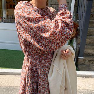 Balloon-sleeve Flared Long Floral Dress