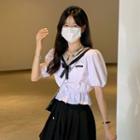 Puff-sleeve Sailor Collar Peplum Top / Pleated Mini A-line Skirt