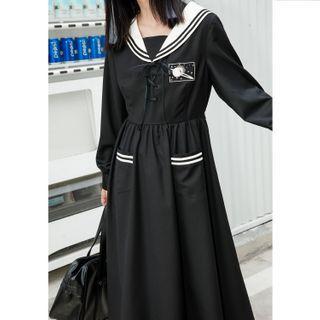Embroidered Sailor Collar Long-sleeve Midi A-line Dress