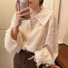Faux Pearl Button Fringed Lantern-sleeve Blouse Almond - One Size