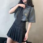 Elbow-sleeve Logo Shirt / Pleated Mini A-line Skirt / Set