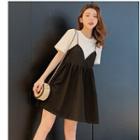 Mock Two-piece Short-sleeve Mini Dress Black - One Size