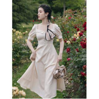 Puff-sleeve Lapel A-line Midi Dress