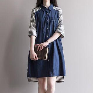 Stripe Panel Elbow-sleeve Shirt Dress