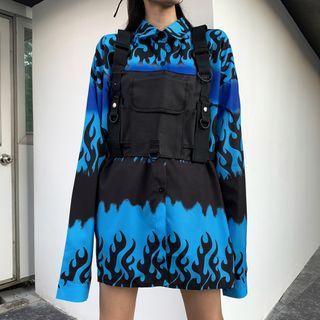 Flame Print Long-sleeve Shirt / Cross-strap Back Utility Vest