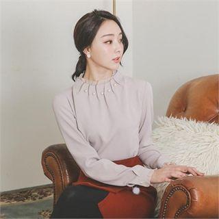 Shirred-neck Faux-pearl Trim Blouse