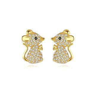 Sterling Silver Plated Gold Simple Cute Little Mouse Stud Earrings With Cubic Zirconia Golden - One Size