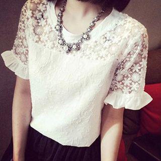 Short Sleeve Frilled Trim Lace Top