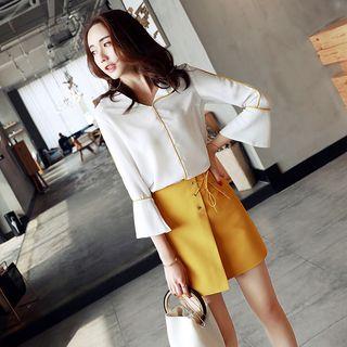 Set: Bell-sleeve Blouse + Lace Up Skirt