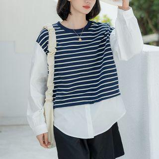Striped Panel Blouse Stripe - Blue & White - One Size
