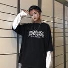 Mock Two-piece Lettering Long-sleeve T-shirt White Sleeve - Black - One Size