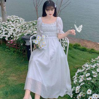 Short-sleeve Square-neck Shirred Midi A-line Dress