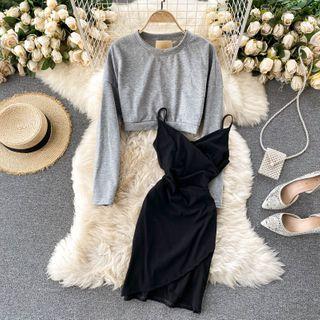 Set : Cutout Open-back Long-sleeve Sweatshirt + Spaghetti-strap Dress Gray - One Size
