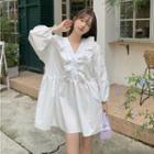 V-neck Lantern Sleeve Button-up Frill Trim Mini A-line Dress