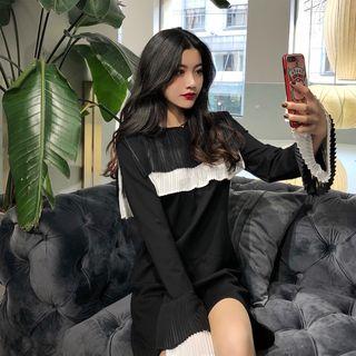 Ruffle Trim Long-sleeve T-shirt Dress Black - One Size