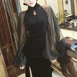 Long-sleeve Sheer Panel Bodycon Qipao Dress