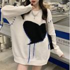 Heart Print Contrast Stitching Sweater White - One Size