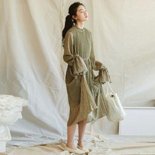 Long-sleeve Floral Midi A-line Pleated Dress