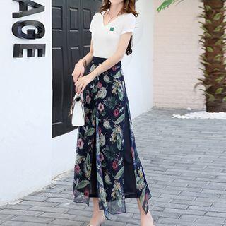 Set: Embroidered V-neck Short-sleeve T-shirt + Printed Wide Leg Pants