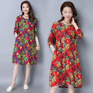 Long-sleeve Linen Floral A-line Dress