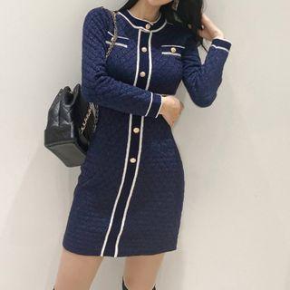 Long-sleeve Knit Contrast Trim Mini Bodycon Dress Blue - One Size
