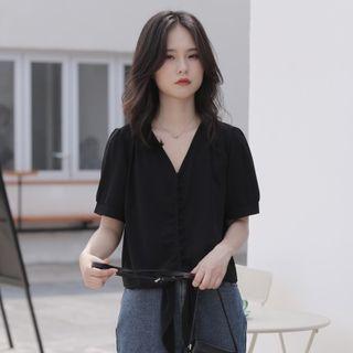 V-neck Plain Bow Blouse