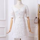 Short-sleeve Floral Applique Beaded A-line Mesh Dress