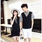Couple Matching Striped Panel Short Sleeve Shirt / Short Sleeve Collared Dress