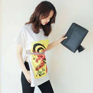Slit-side Printed T-shirt With Tie