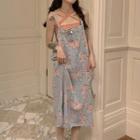 Set: Halter-neck Shirred Top + Floral Print Distressed Denim Overall Dress