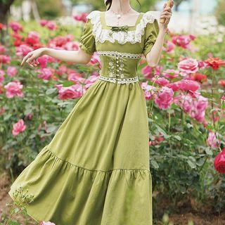Set: Puff-sleeve Ruffle Lace Trim Midi A-line Dress + Floral Embroidered Corset