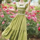 Set: Puff-sleeve Ruffle Lace Trim Midi A-line Dress + Floral Embroidered Corset