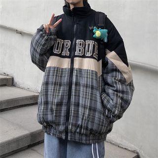 Letter Embroidered Plaid Zip Jacket