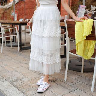 Lace-trim Tulle Maxi Layered Skirt