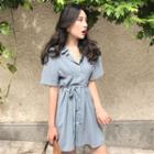 Short-sleeve Pinstriped Mini Shirtdress With Sash