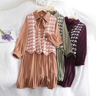 Set: Long-sleeve Collared Dress + Printed Knit Vest
