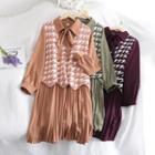 Set: Long-sleeve Collared Dress + Printed Knit Vest