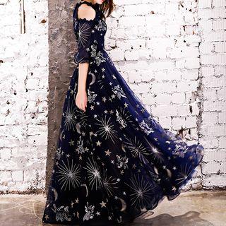 Cold Shoulder Embroidered Evening Gown