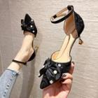 Pointed Bow Accent Ankle Strap Kitten Heel Sandals