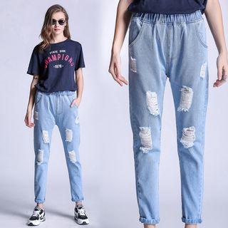 Elastic Waist Distressed Washed Jeans