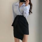 Plain Shirt / Pinstriped Irregular Hem Mini Skirt