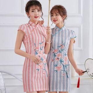 Cap-sleeve Striped Qipao Dress