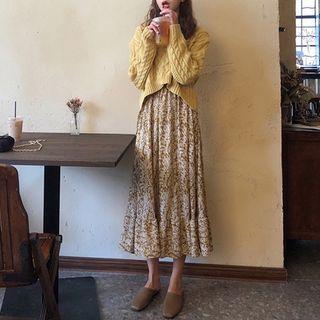 Set: Cable Knit Sweater + Floral Print Dress