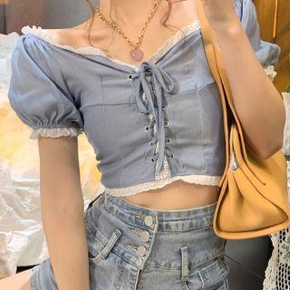 Short-sleeve Lace Trim Crop Top Light Blue - One Size