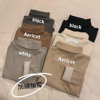 Plain/ Stripes Mock-neck Long-sleeve Fleece Lined Top
