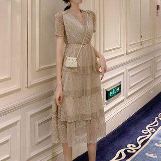 Sequined Short-sleeve Midi A-line Dress Champagne - One Size